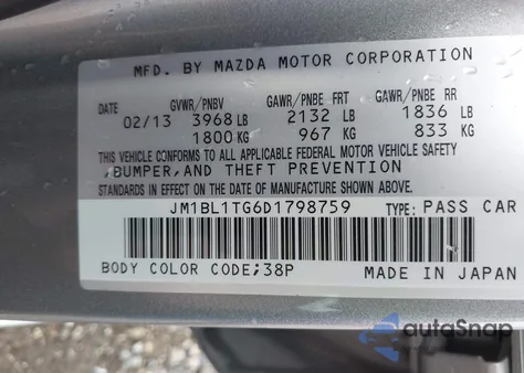 2013 Mazda Mazda3 I Sv from USA, damaged, VIN JM1BL1TG6D1798759